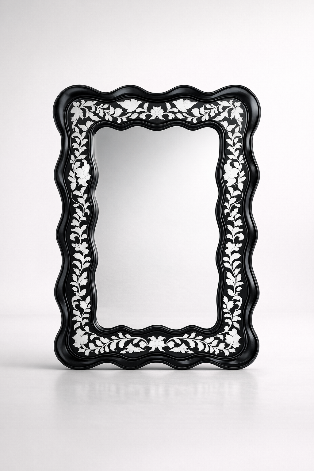 Wooden Black & White Scallop Mirror