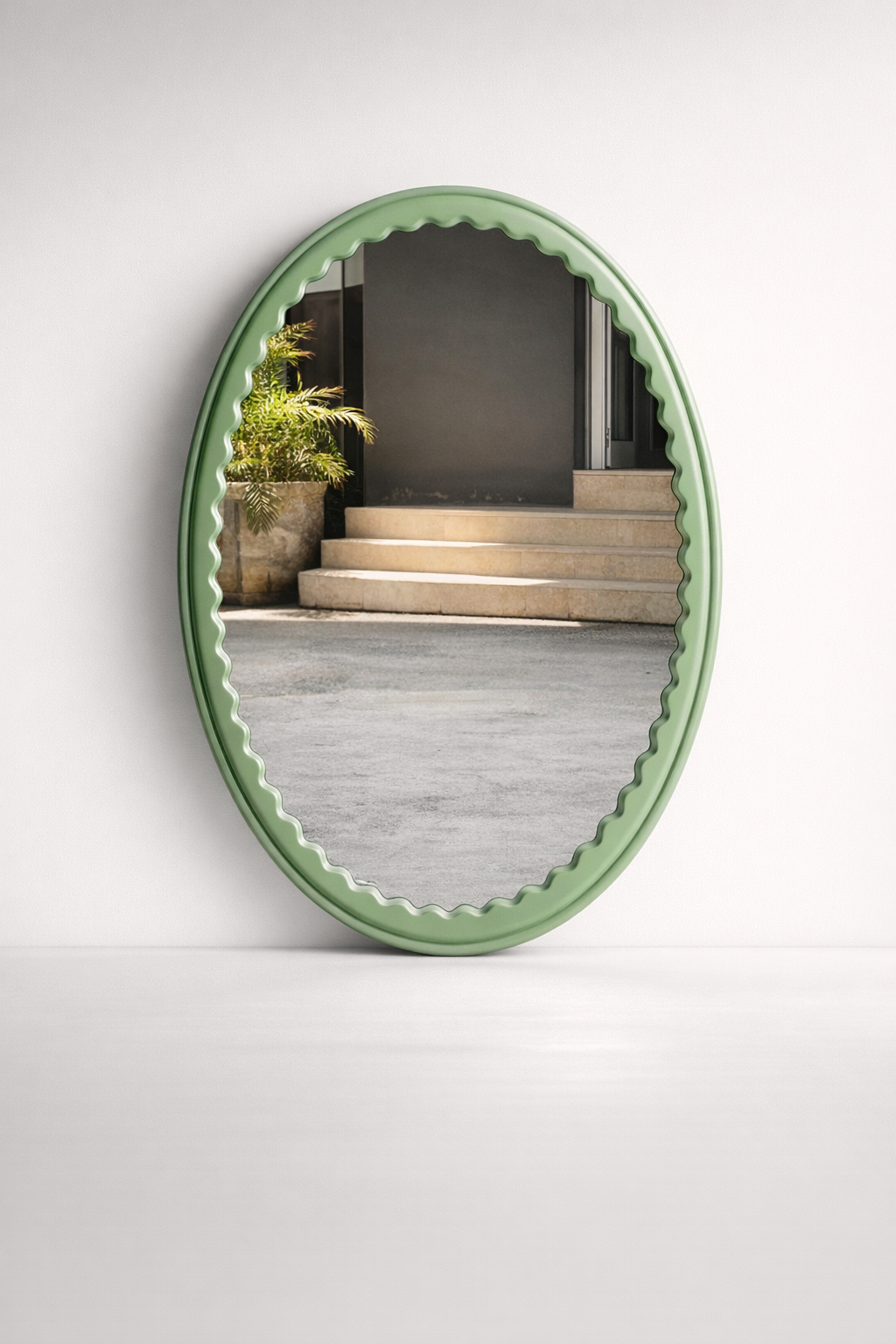 Wooden Green Oval Scallop Mirror