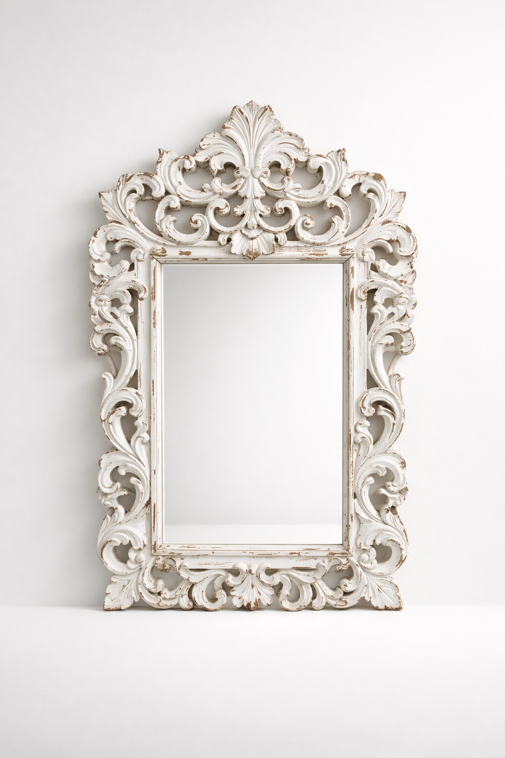Large White Washed Carved Wooden Mirror