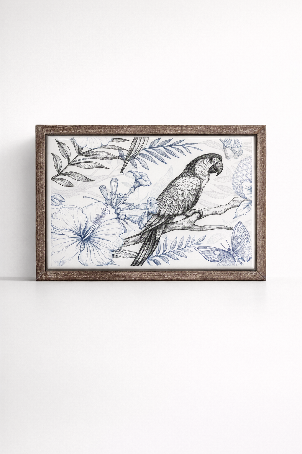 Black & Blue Parrot Enamel Picture Wooden Frame