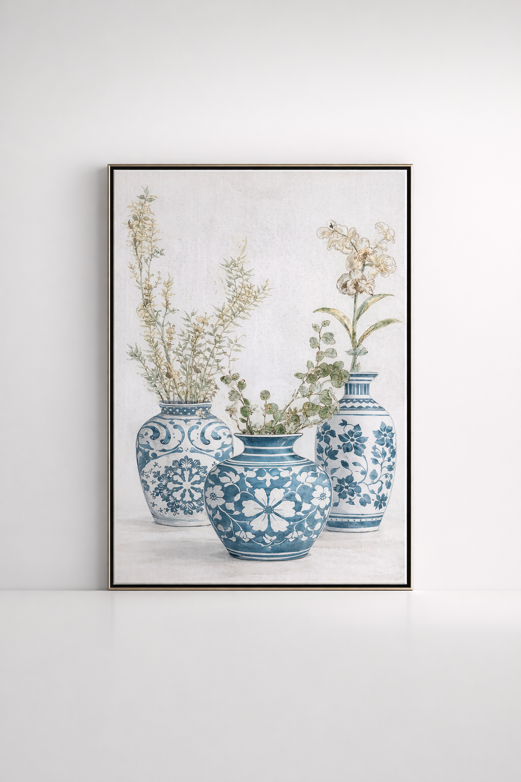 Extra Large Handpainted 3 Pots Green & Gold Flowers Picture