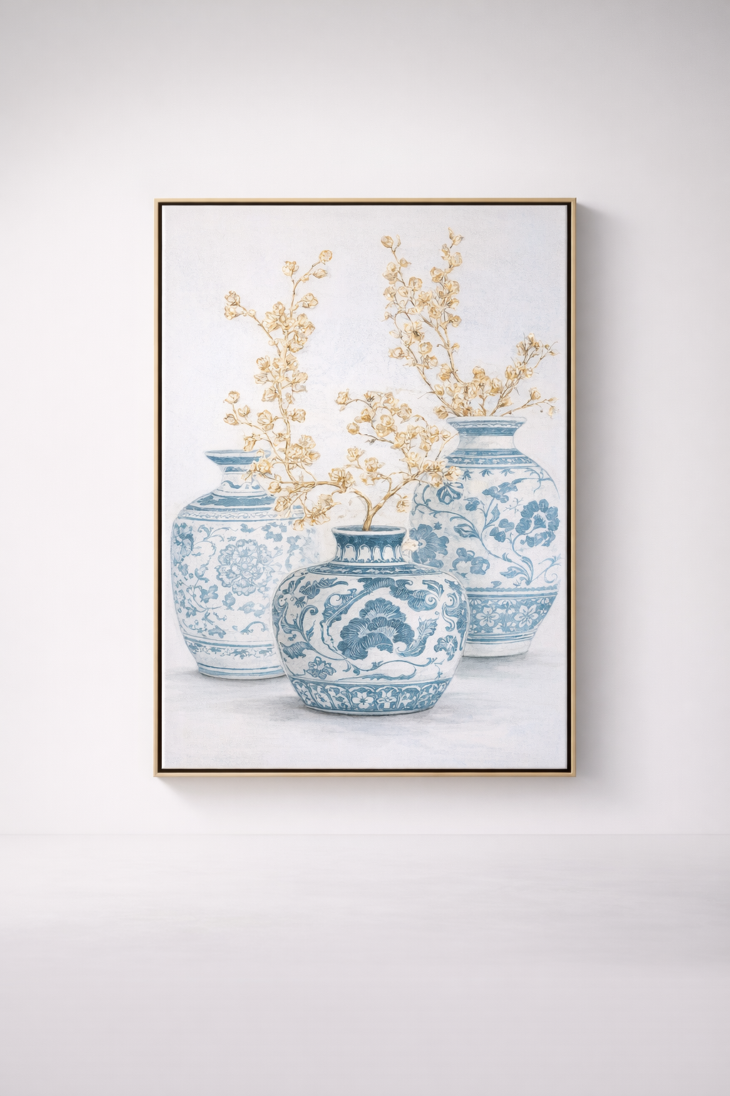 Extra Large Handpainted 3 Blue Pots Gold Flowers Picture