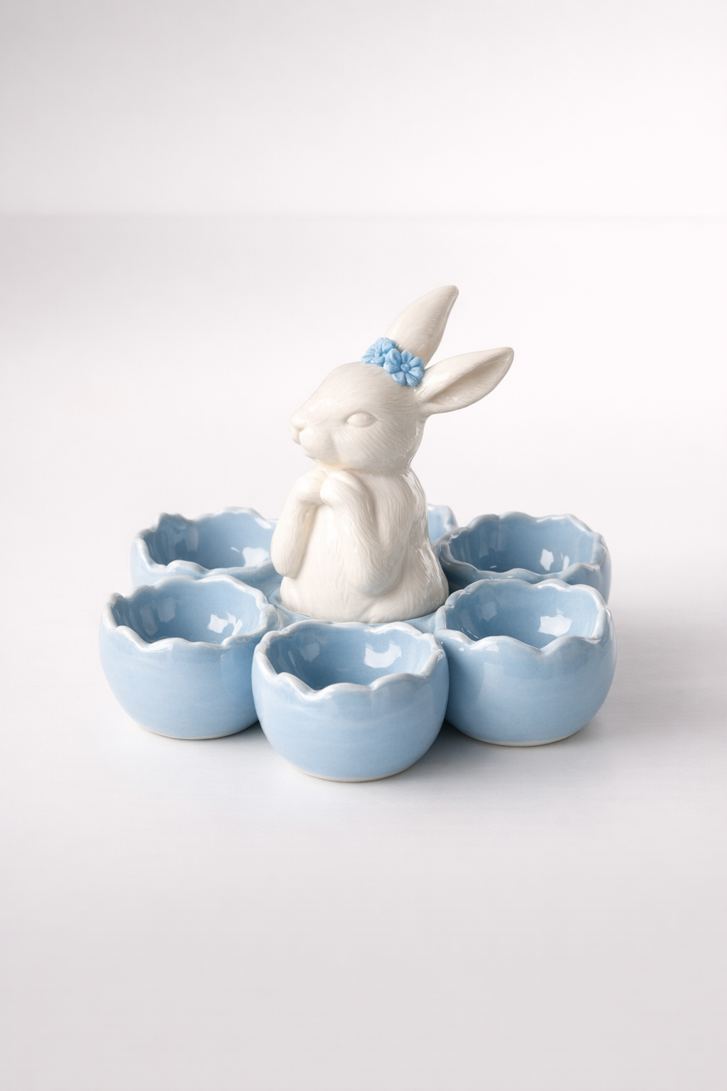 Blue & White Ceramic Egg Tray With Bunny