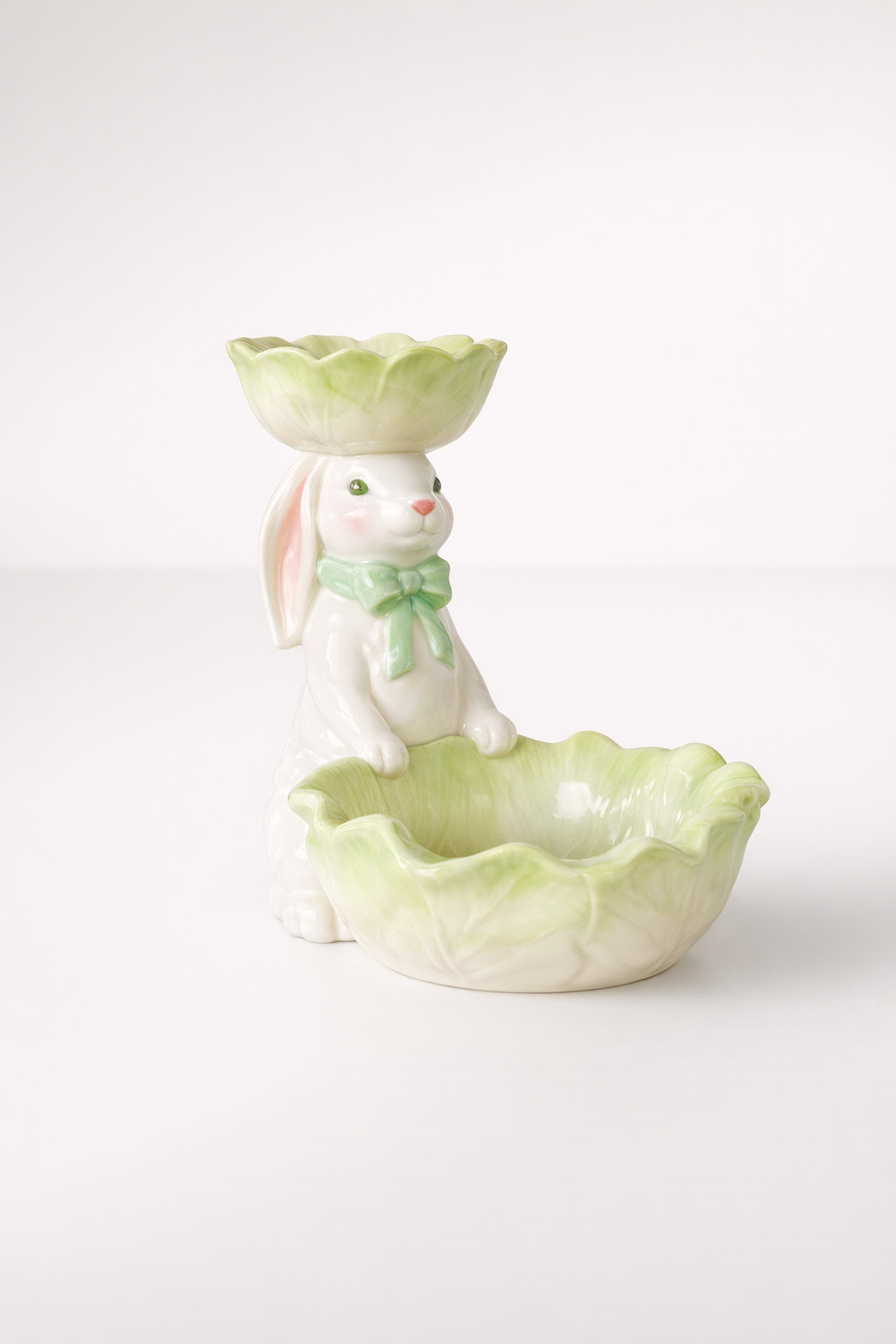 2 Green & White Cabbage Bowls With Bunny