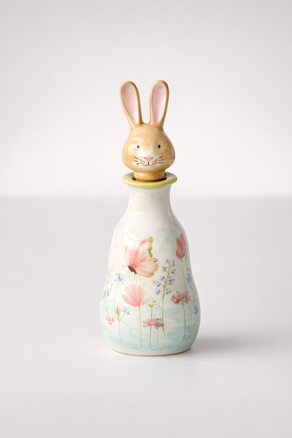 Medium Ceramic Bottle Bunny Head Green & Butterfly Design