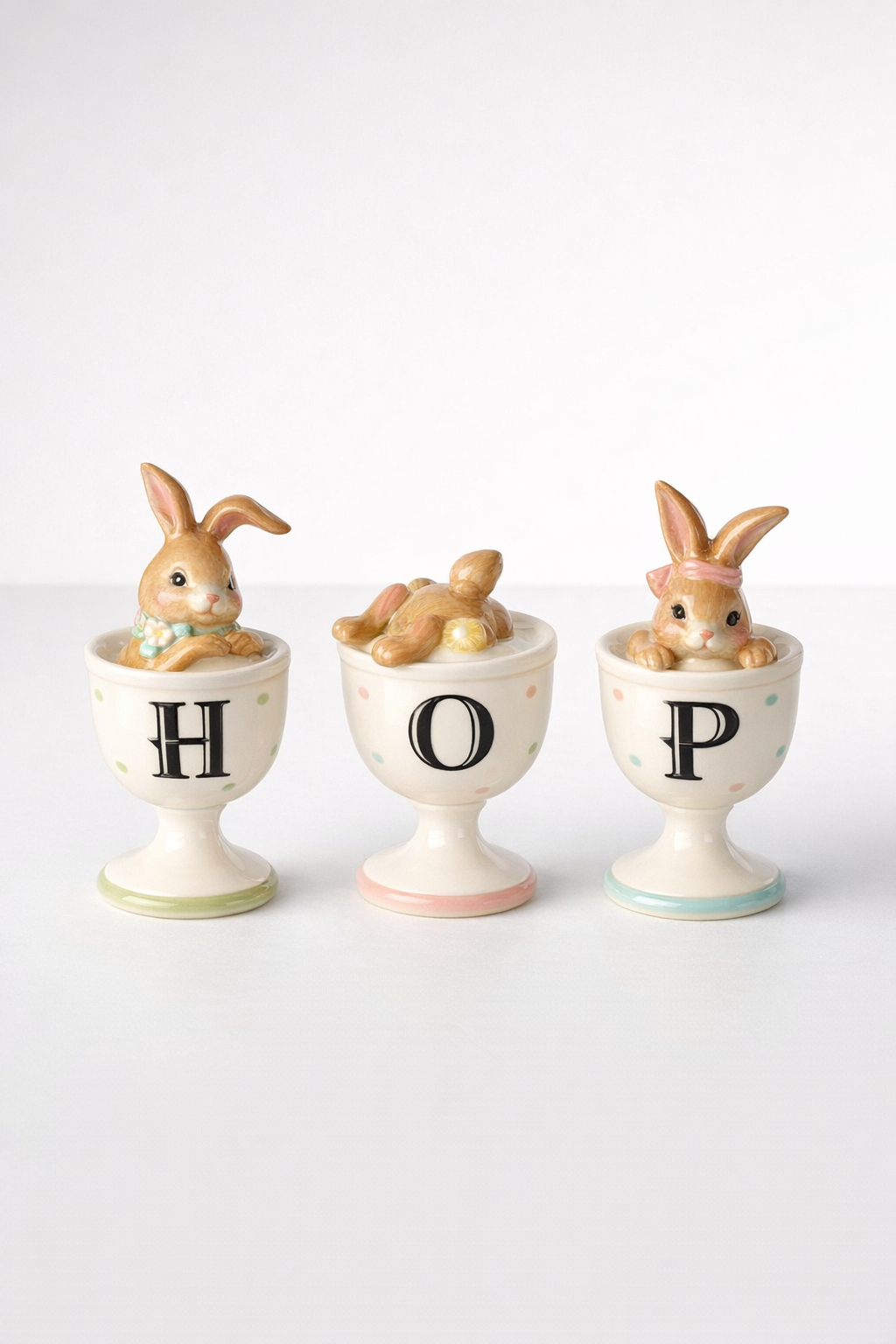 Set Of 3 'Hop' Bunny Egg Cups Loose Lids