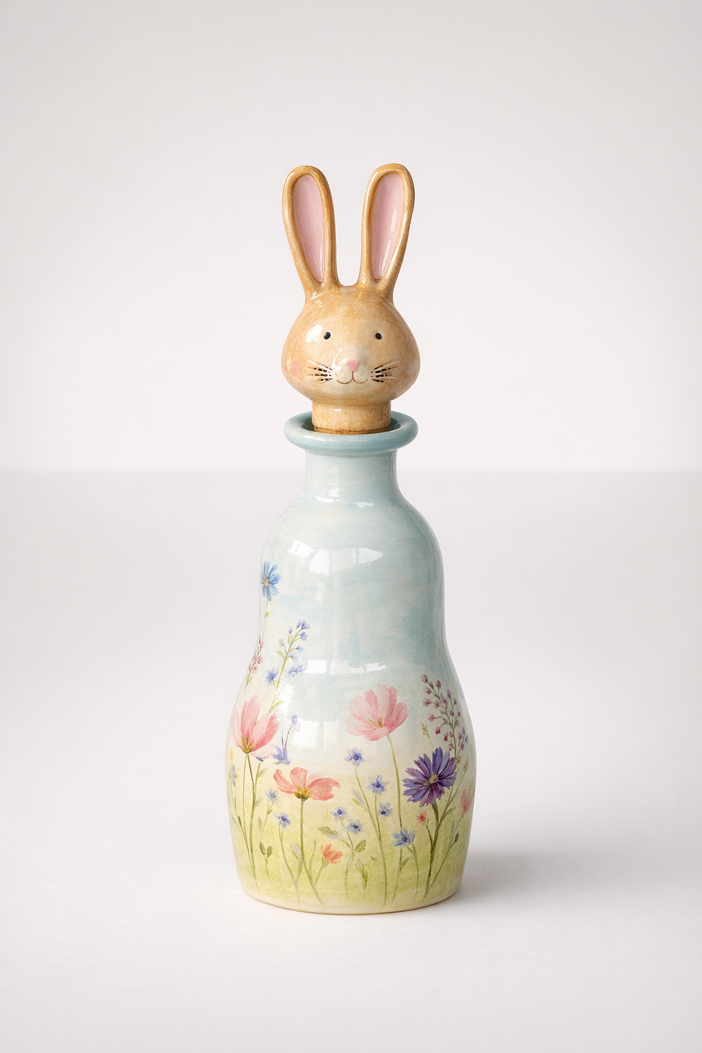 Large Ceramic Bottle Bunny Head Blue Floral Design