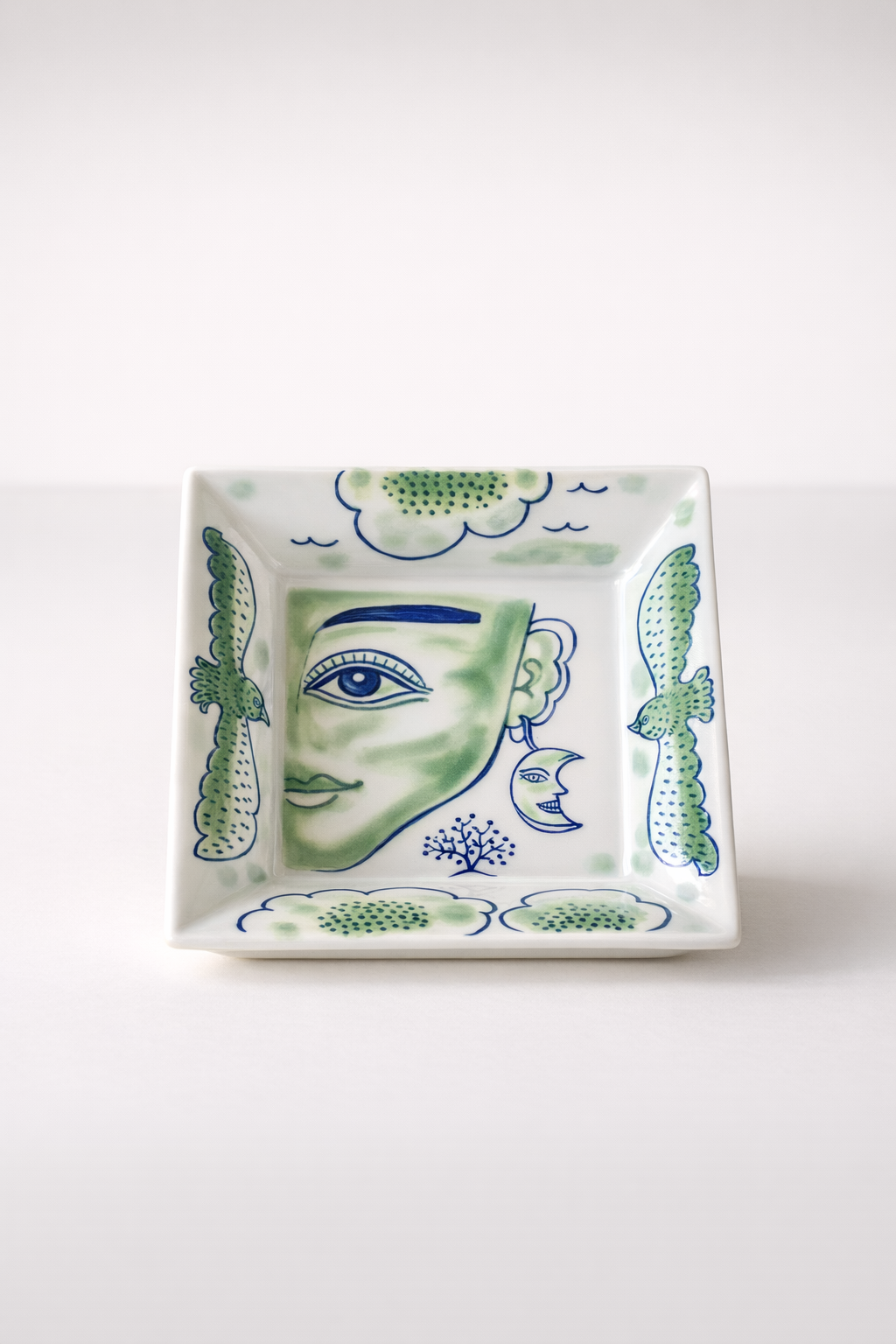 Green Face With Birds Ceramic Plate