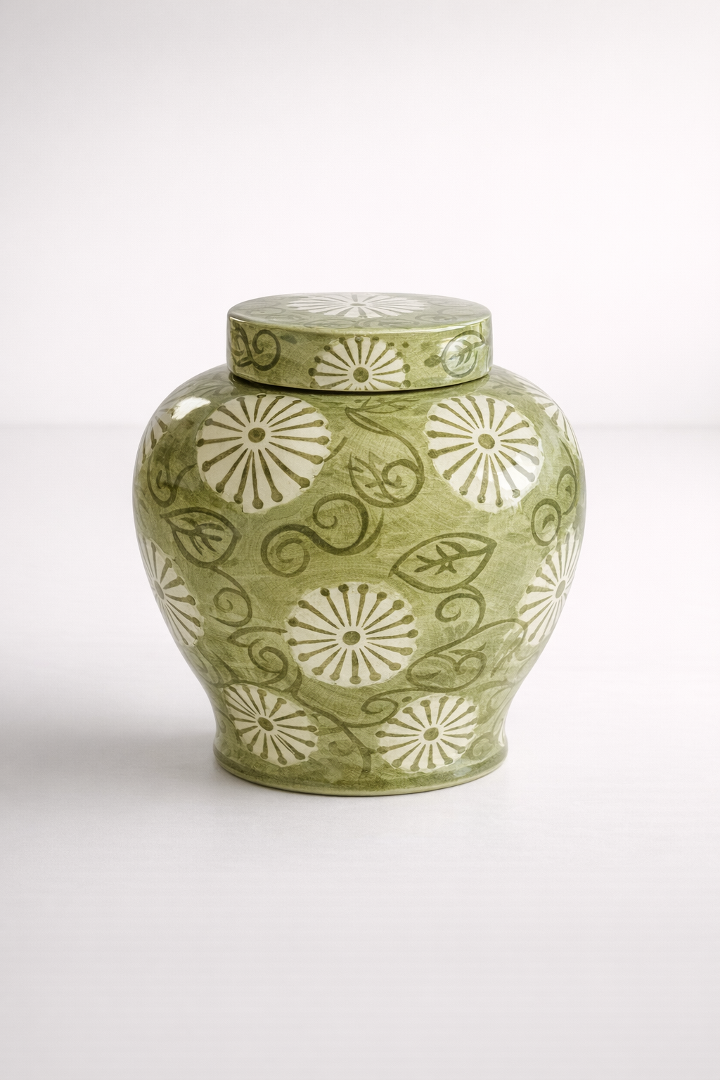 Medium Fat Olive Green Ceramic Jar With Lid