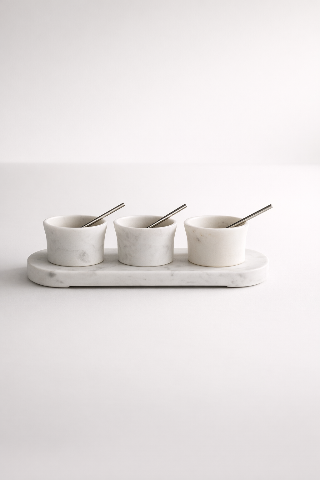 Set Of 3 Marble Condiment Set With Spoons & Tray