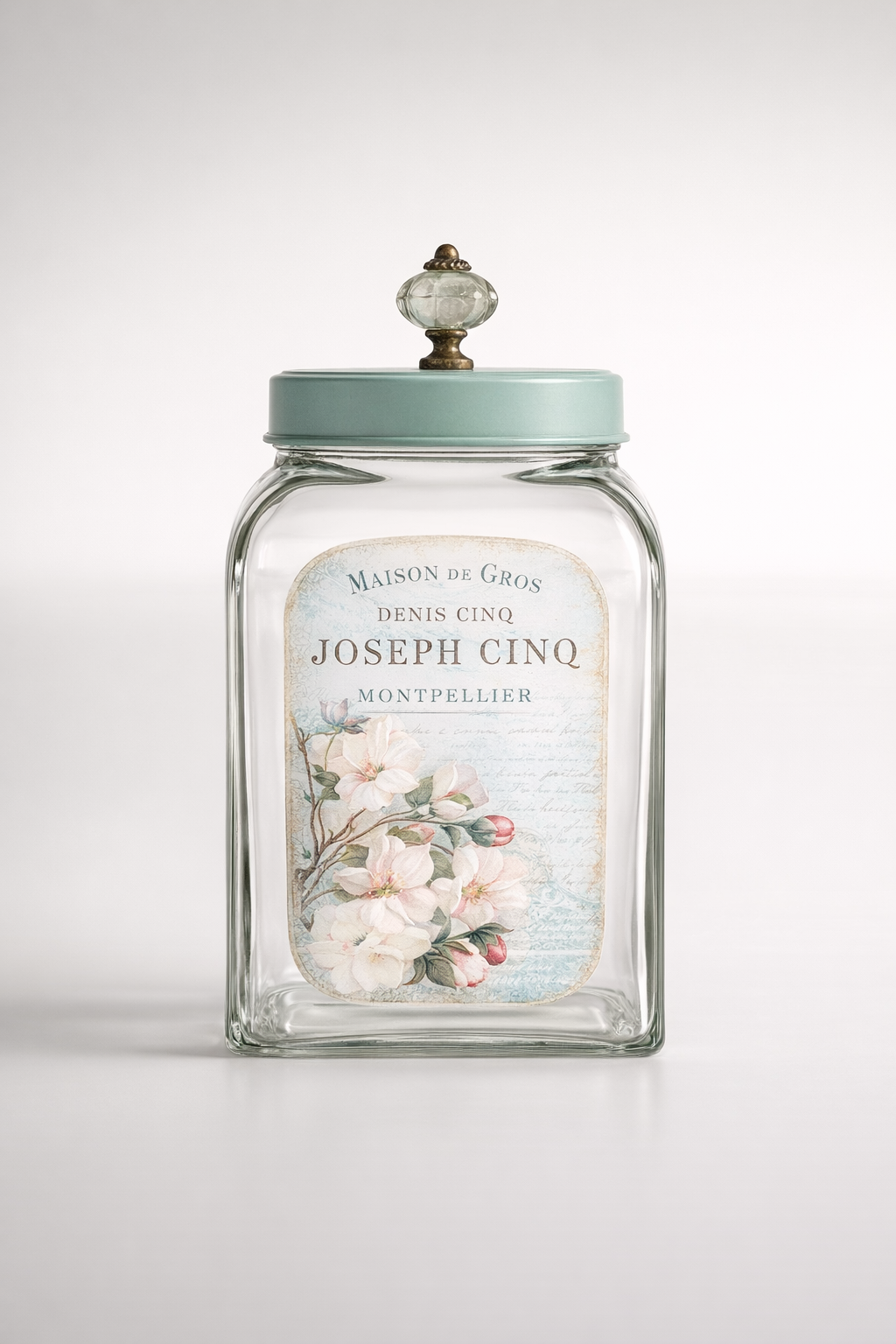 Square Glass Jar Aqua Lid With Porcelain Knob