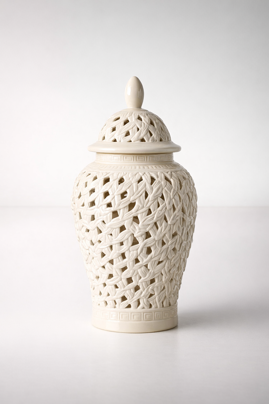 Tall White Flower Leaf Cut-Out Jar With Lid