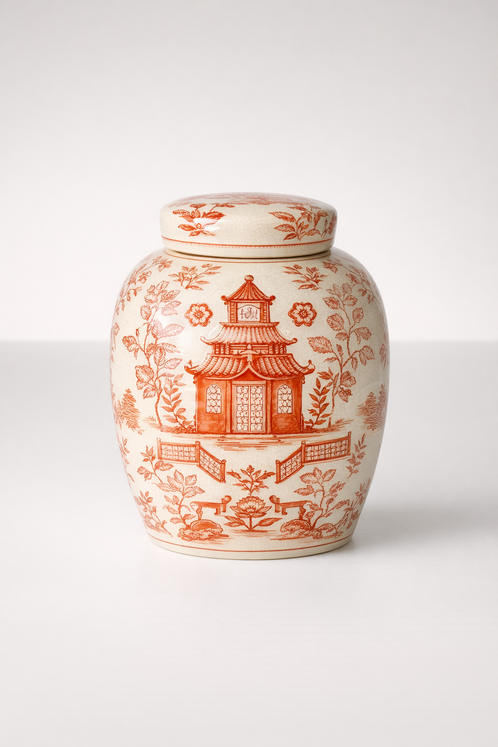 Large Fat Orange Pagoda Jar With Lid