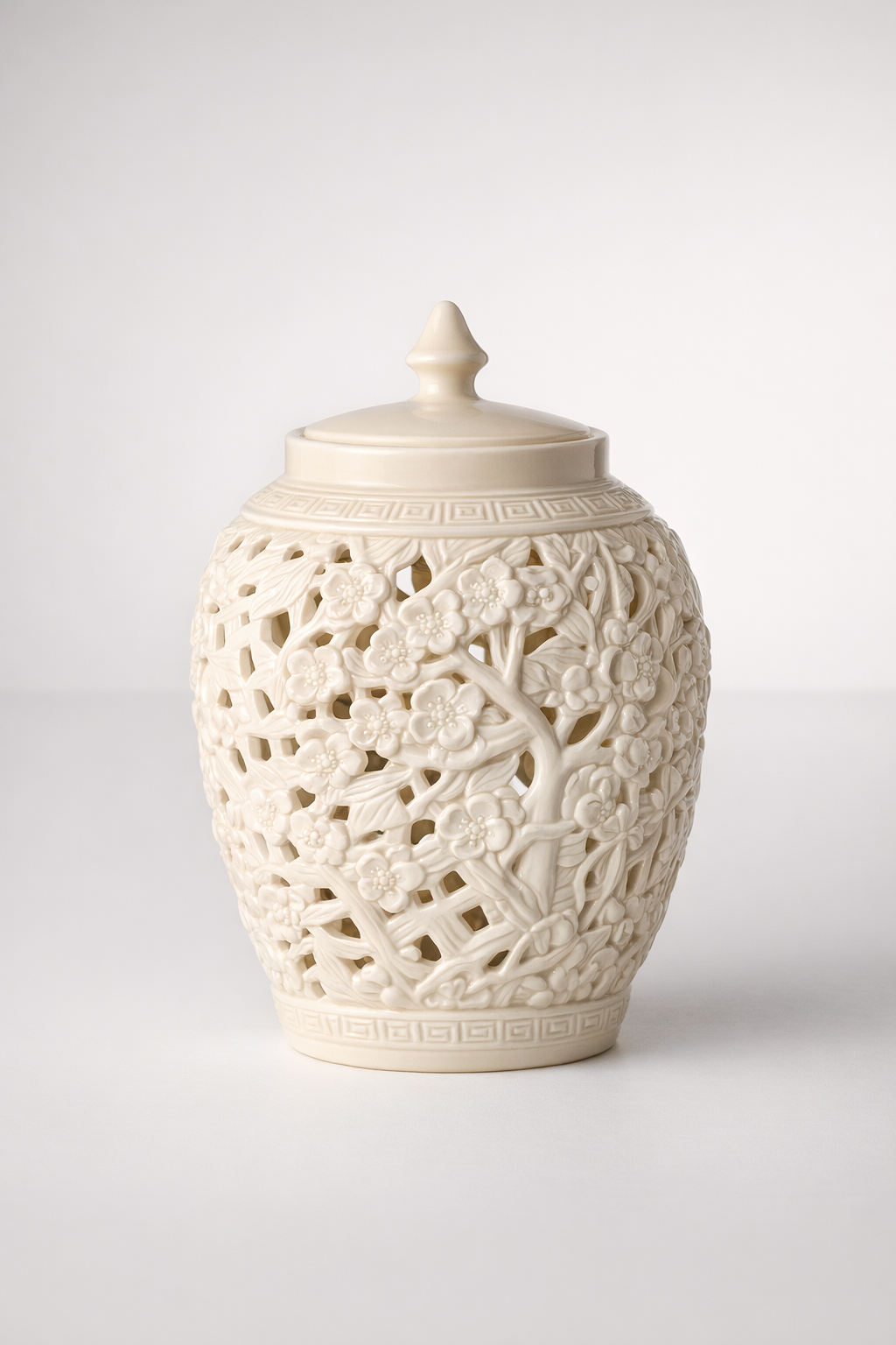 White Flower & Leaf Cut-Out Design Barrel Shade Jar With Lid
