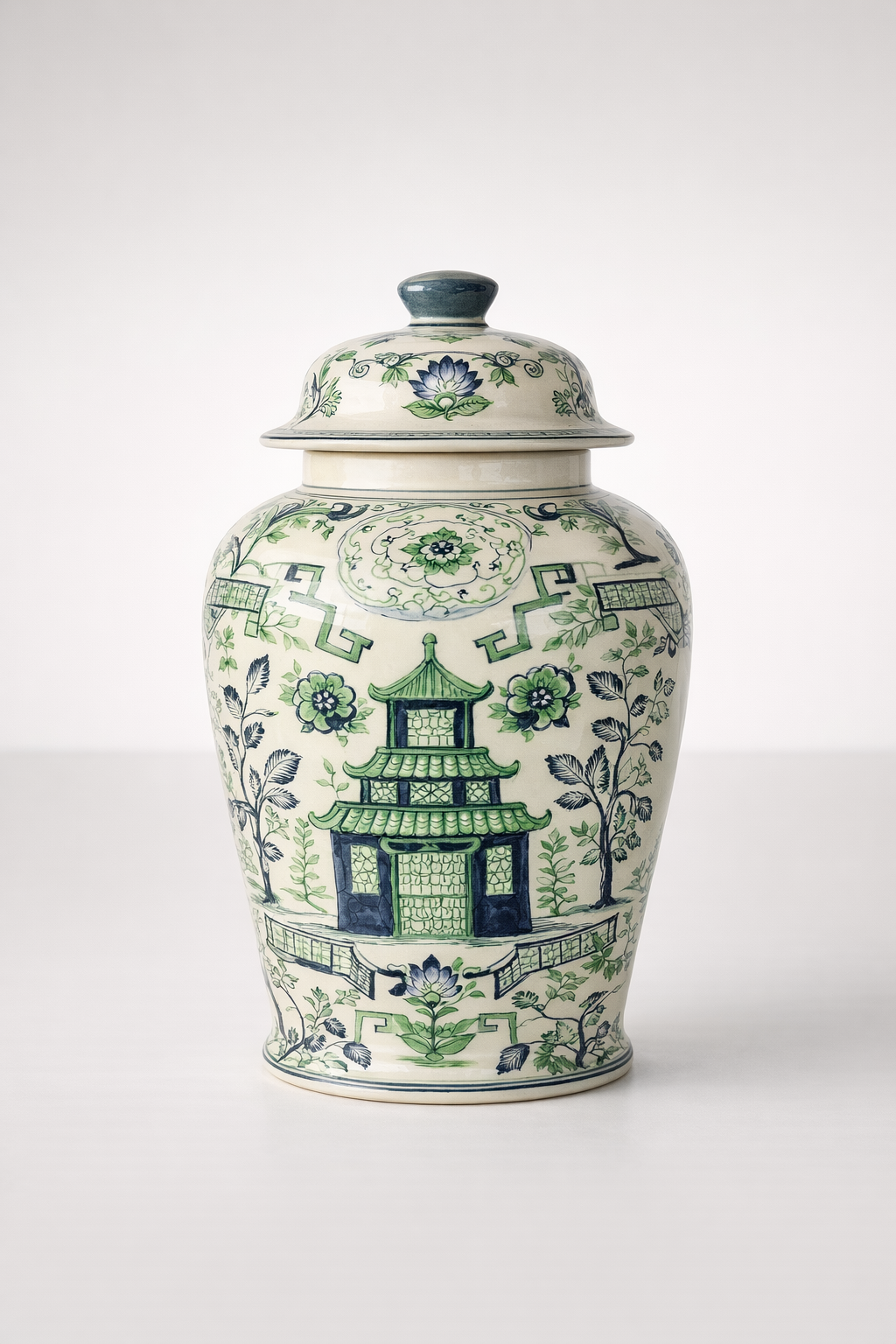 Large Blue & Green Pagoda Ginger Jar