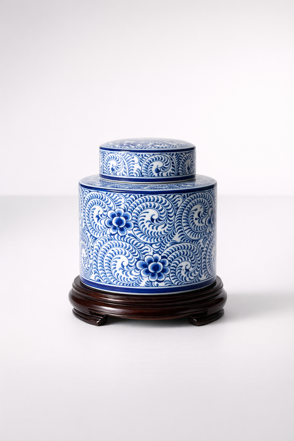 Medium Blue Jar With Flat Lid On Wooden Stand