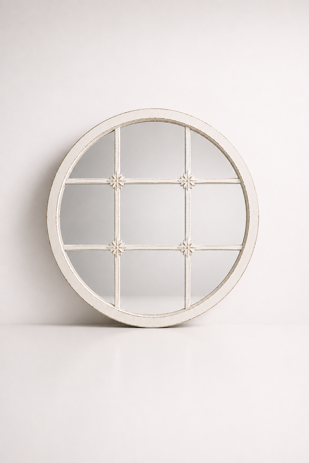 White Distressed 9 Pane Round Mirror