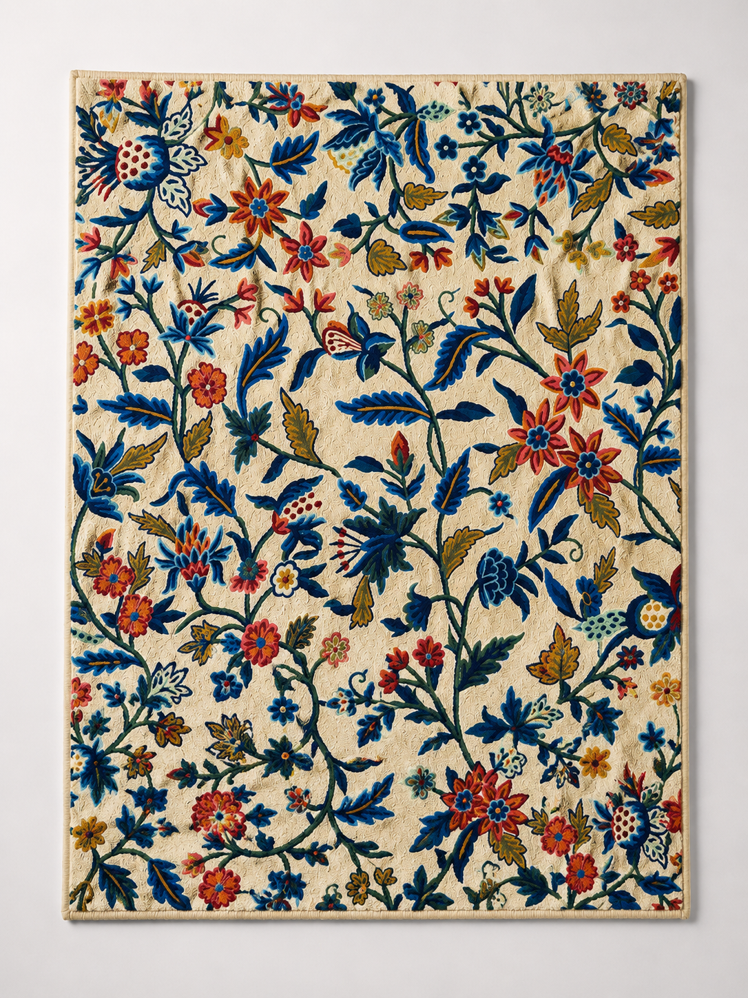 Chainstitch Cashmere Carpet Beige With Navy & Maroon Flowers