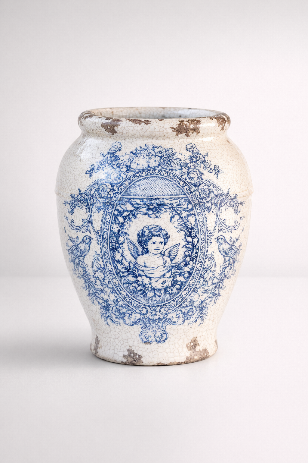 Blue & White Distressed Planter With Rim