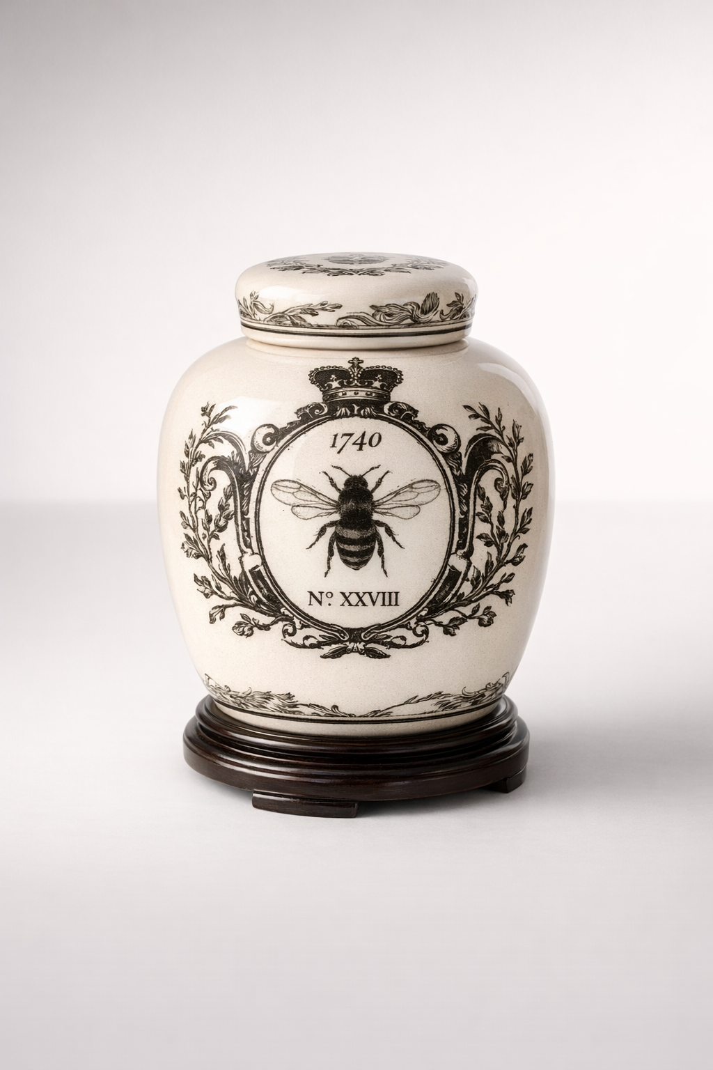 Small Black & White Ginger Jar Wooden Base