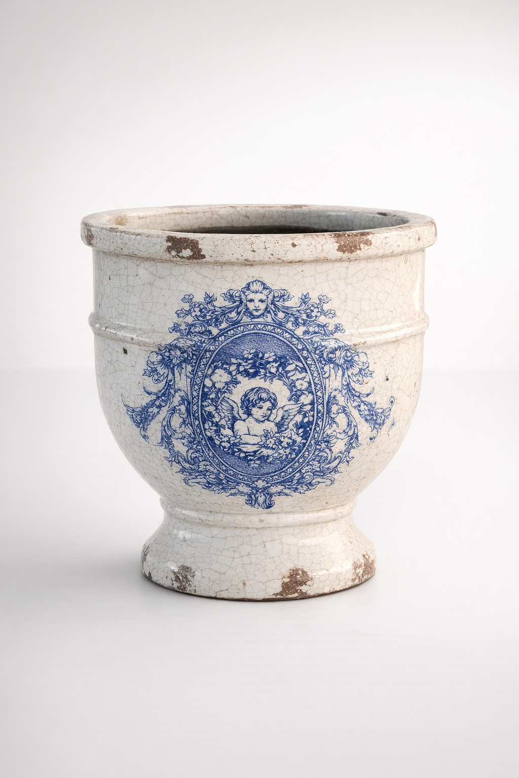 Blue & White Distressed Fat Planter On Foot