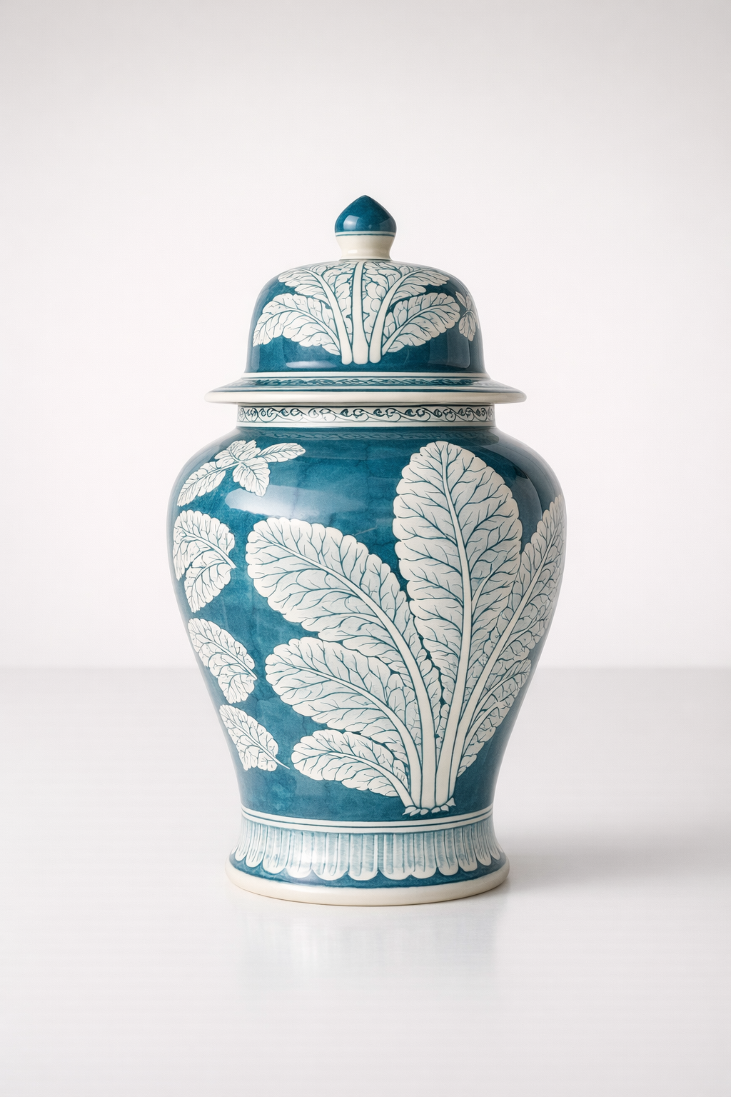 Blue & White Leaf Design Ginger Jar