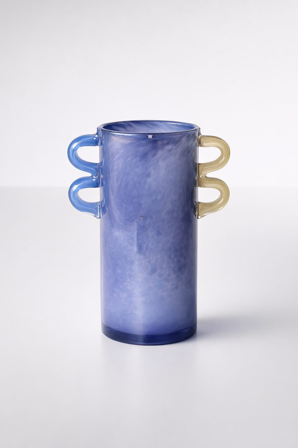 Purple Glass Vase With Blue And Yellow Handles