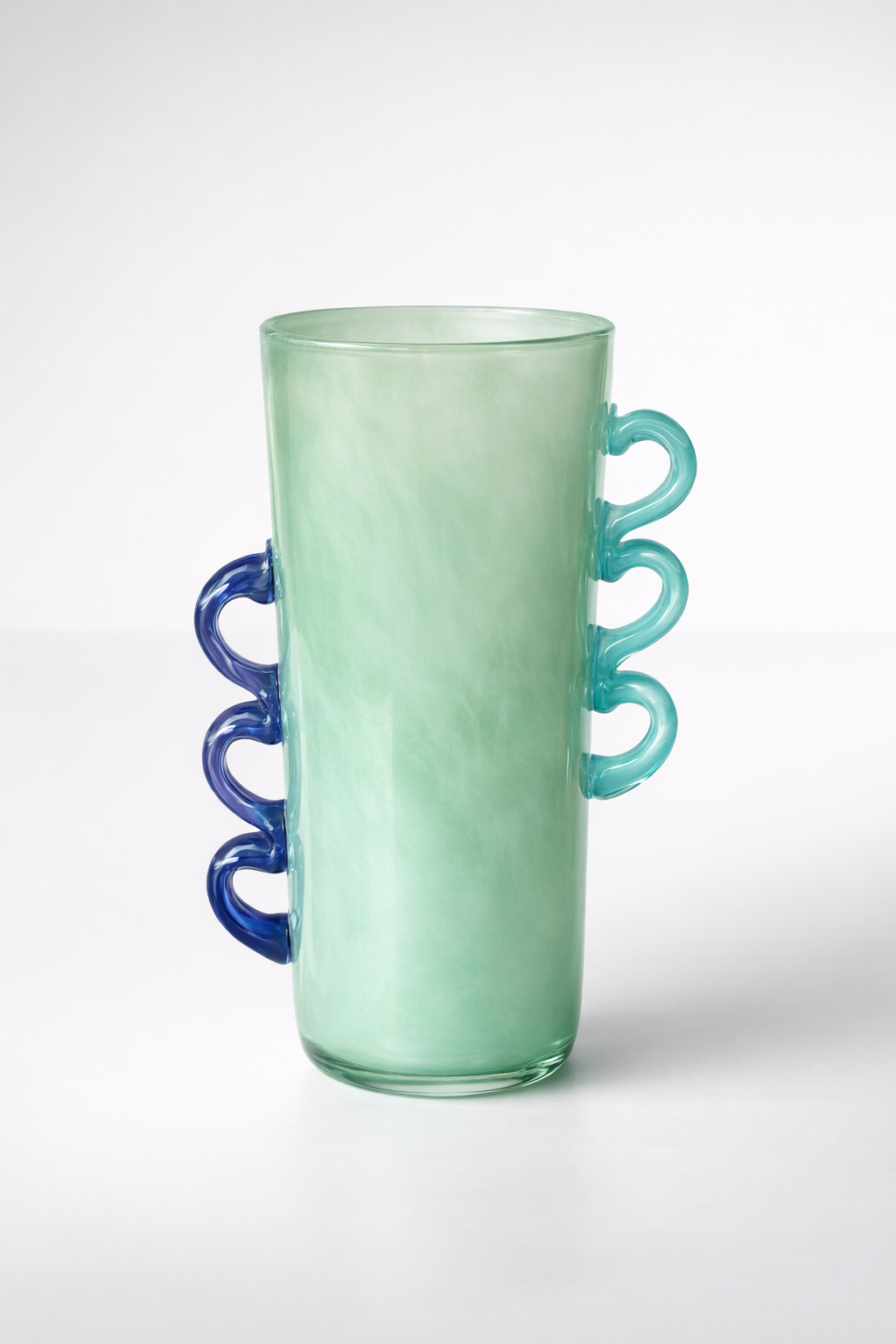 Tall Green Glass Vase With Purple And Blue Handles
