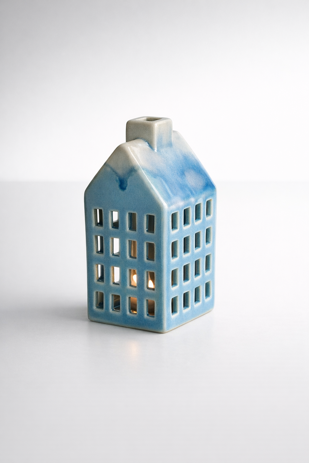 Small Blue Ceramic House Candle Holder