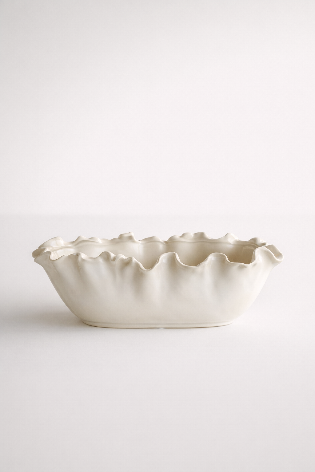Large White Frill Edge Ceramic Oblong Bowl