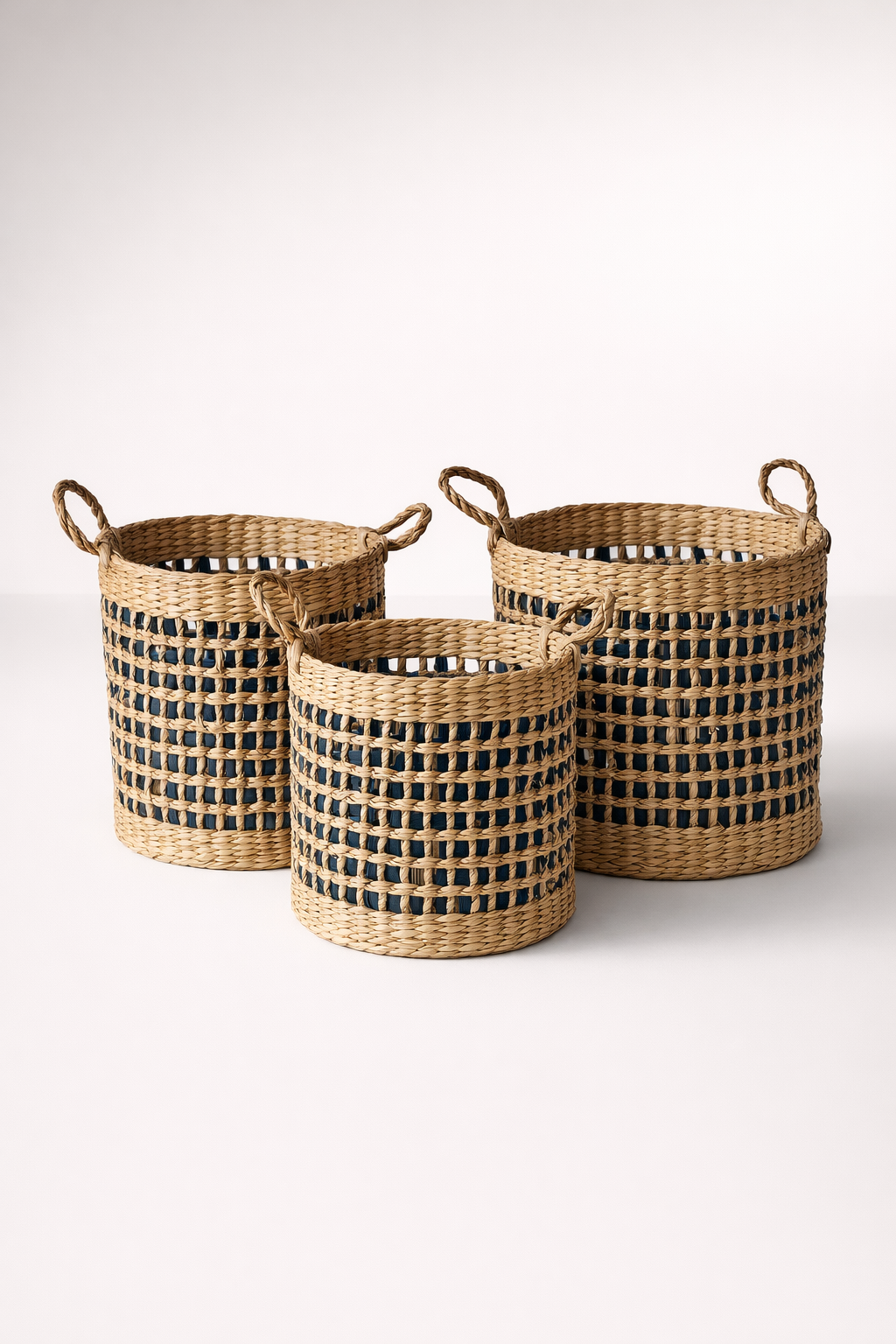 Set Of 3 Navy & Natural Woven Baskets