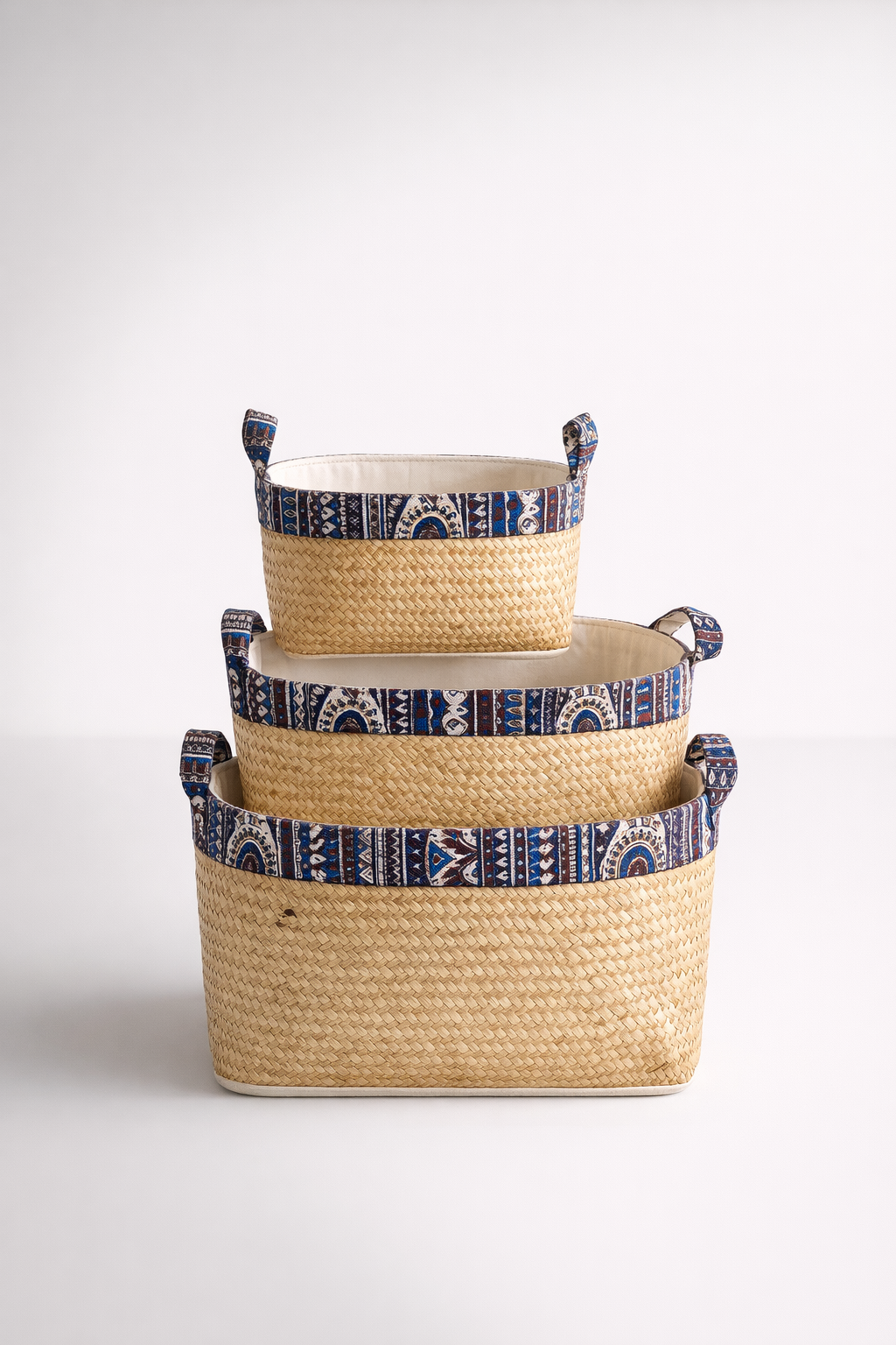 Lined Bamboo Baskets With Tribal Blue Trim