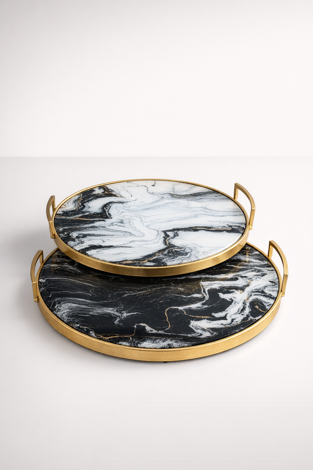 Set Of 2 Black & White Marbled Round Trays