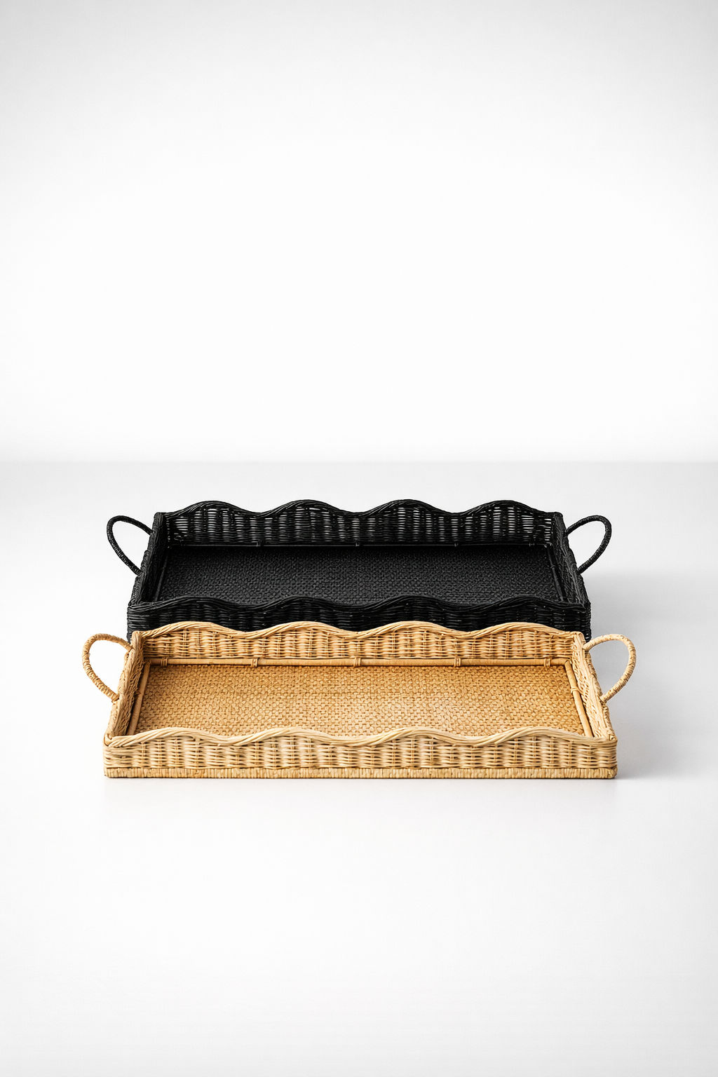S/2 Black & Natural Cane Scallop Trays