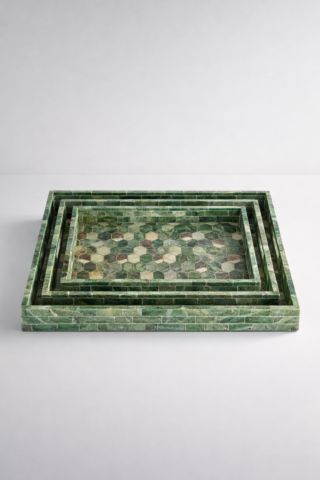 Set Of 3 Green Geometric Rectangular Capiz Trays