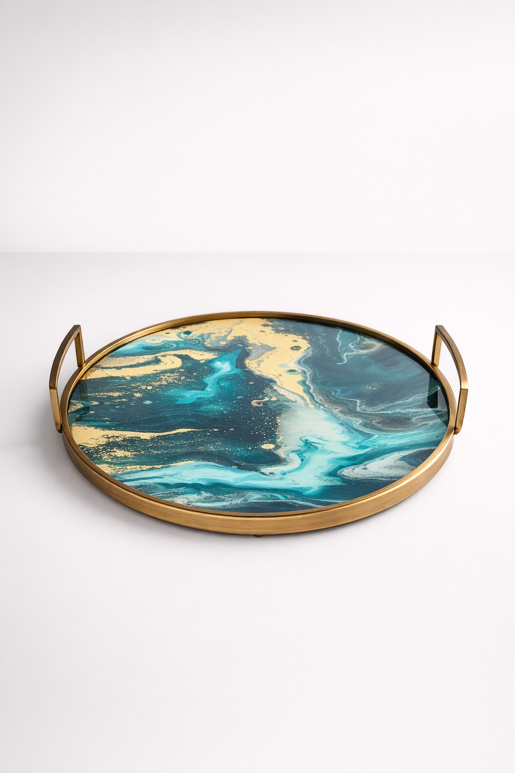 Round Blue Marbled Tray With Metal Handles