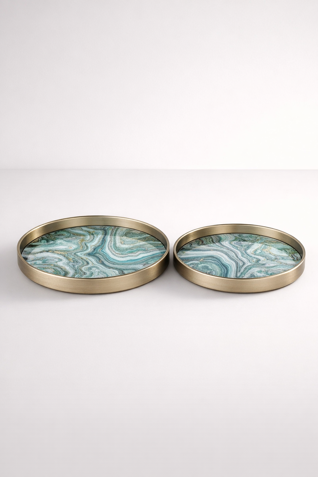 Set Of 2 Round Green & Gold Trays
